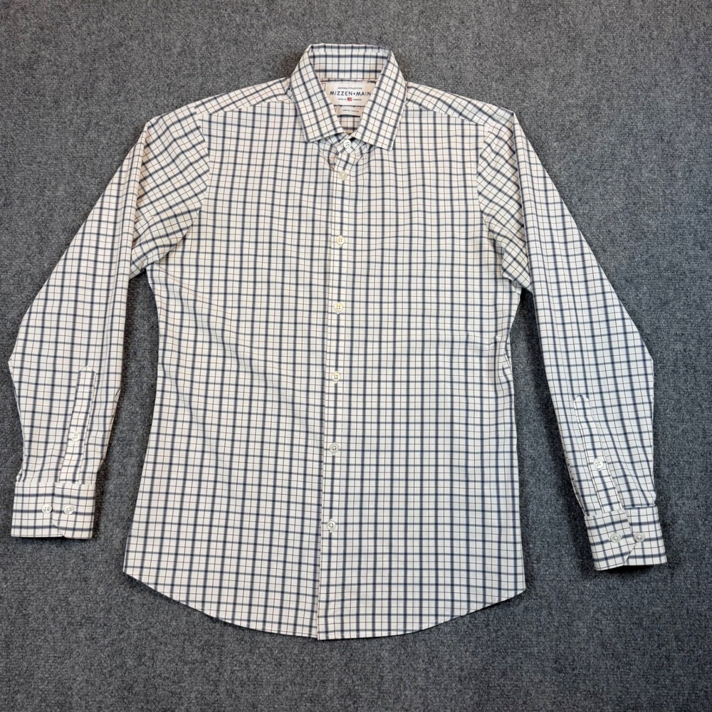 Mizzen+Main Leeward Collection Trim Fit Dress Shirt Medium White Navy Tattersall